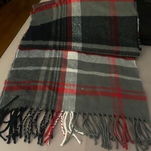 Plaid Fringe Scarf in Gray and Red